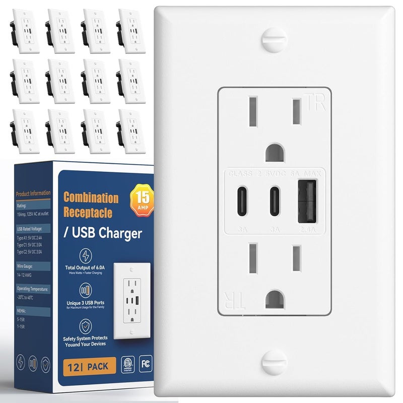 Amico 6.0A USB Outlet 12 Pack, 3-Port 30W Wall Outlets with 2 Type C & 1 Type A, 15 Amp Receptacle Plug, Tamper Resistant Receptacle, Wall Plate Included, ETL Listed, White - Image 1